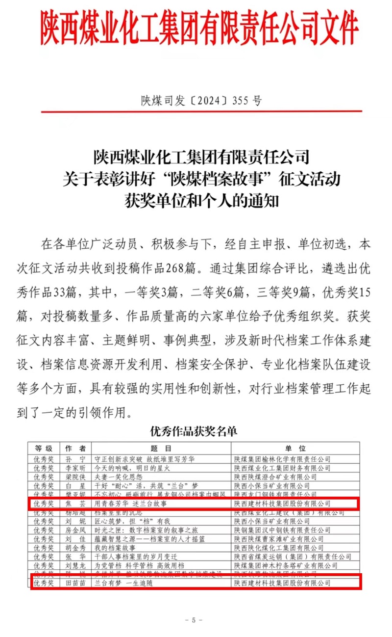 喜報！陜西建材科技檔案故事獲獎了